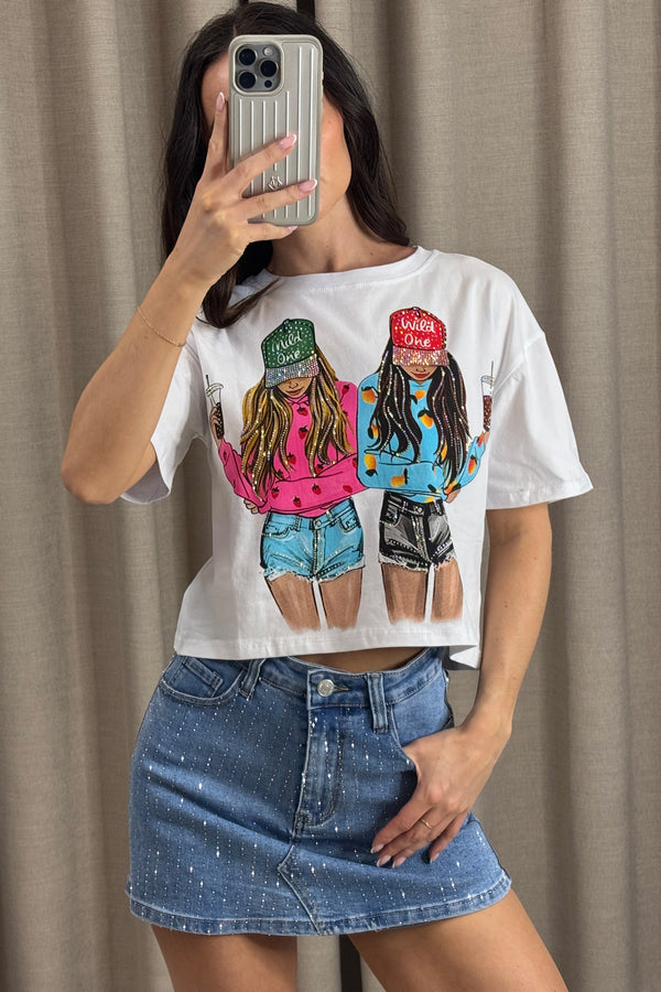 Caterina White Diamante Embellished Girl Graphic Print Crop T-Shirt